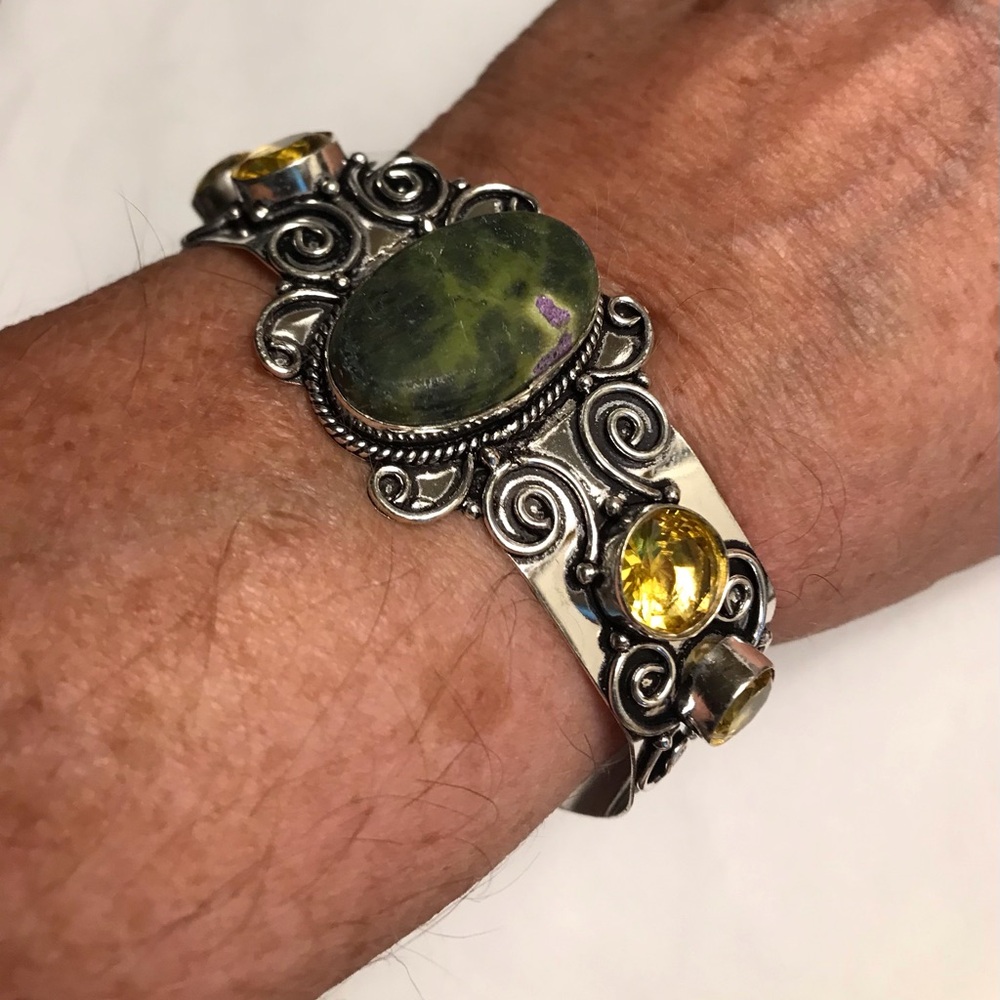 Citrine Stichtite Jasper Stamped Solid 925 Sterling Silver Cuff Bracelet